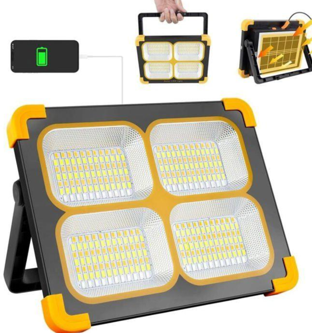 چراغ شارژی/پروژکتور خورشیدی قابل حمل PaLma مدل 1200W چهار پنل LED با باتری لیتیومی و IP66